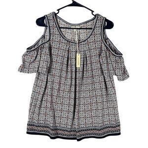 NWT Max Studio Geometric Pattern Cold Shoulder Blouse Shirt Blue Womans Small